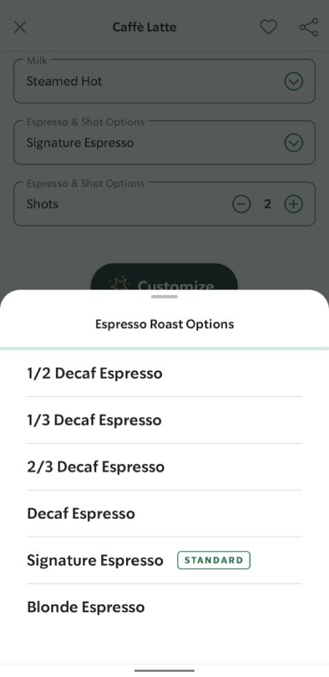 Decaf Options on Starbucks App